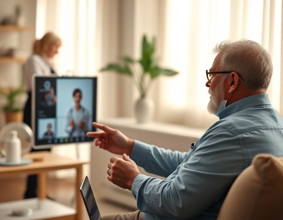 innovative telehealth consultation, caring physician, guiding a patient through a virtual session, photorealistic, cozy home setting with smart devices, highly detailed, interactive UI elements, sharp focus, warm color tones, diffuse morning light, shot with a Sony FE 85mm f/1.4 GM lens.