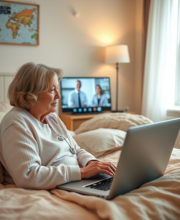 patient-centered telehealth appointment, attentive interaction, providing care, photorealistic, cozy bedroom setting with laptop open, highly detailed, responsive video chat interface, maximum clarity, pastel tones, diffused daylight illumination, shot with a 50mm lens.
