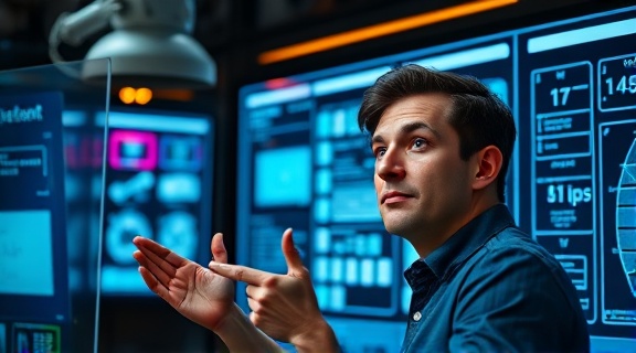 interactive web consultations, curious expression, exploring options, photorealistic, tech-rich environment with virtual whiteboards, highly detailed, touch screen interface, 5K resolution, vibrant colors, controlled artificial lighting, shot with a 50mm lens.