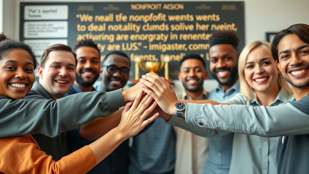 empowered nonprofit team joining hands, nonprofit leadership, management skills, strategic plan, donor management for nonprofits