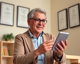 professional telehealth provider, empathetic expression, consulting online, photorealistic, well-lit office with medical degrees on walls, highly detailed, subtle movement of hands, fine resolution, warm beige tones, soft key lighting, shot with an 85mm lens.