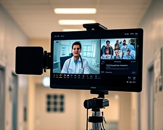 versatile teleconsultation setup, seamless integration, with real-time data, photorealistic, in a bustling hospital setting, highly detailed, live video feed, vivid clarity, warm tones, spotlight lighting, shot with a 50mm prime lens.