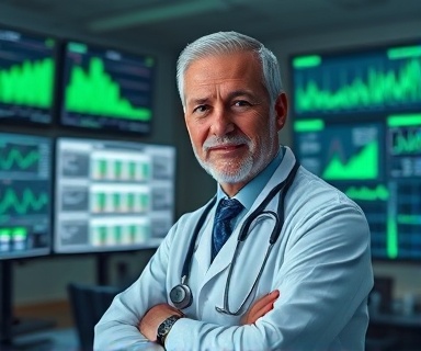 advanced telehealth solutions, confident healthcare provider, analyzing patient's health statistics, photorealistic, high-tech office with multiple monitors, highly detailed, digital data streaming animations, crisp image quality, green and grey hues, cool artificial lighting, shot with a Nikon NIKKOR Z 58mm f/0.95 S Noct lens.