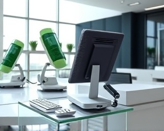 comprehensive teleconsultation tools, modular components, displayed on a desk, photorealistic, in a bright and airy office space, highly detailed, multi-platform compatibility, balanced exposure, white and chrome, natural backlighting, shot with a 35mm lens.