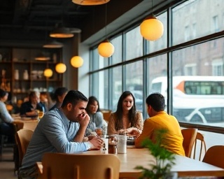 expansive online platform, intrigued, exploring social media trends, photorealistic, in a coffee shop with urban views, highly detailed, social interaction components, 8K resolution, upbeat and lively tones, natural afternoon lighting, shot with a Canon EF 24-70mm f/2.8L II USM lens.