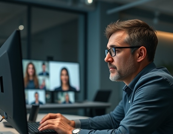 virtual consultations, engaged expression, communicating through a screen, photorealistic, minimalistic modern office setup, highly detailed, dynamic video call interface, high-resolution, muted colors, LED backlighting, shot with a 24mm wide-angle lens.