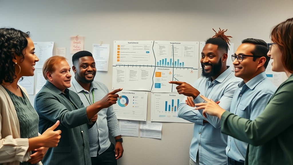 diverse nonprofit team strategizing with a roadmap, management skills, strategic plan, data management, influential growth system for nonprofits
