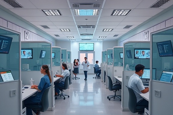 bustling telehealth clinic, efficient, staff managing multiple patients, photorealistic, spacious room with individual cubicles, highly detailed, screens displaying patient information, 6k resolution, cool, sleek look, artificial overhead lighting, shot with an 18mm lens.