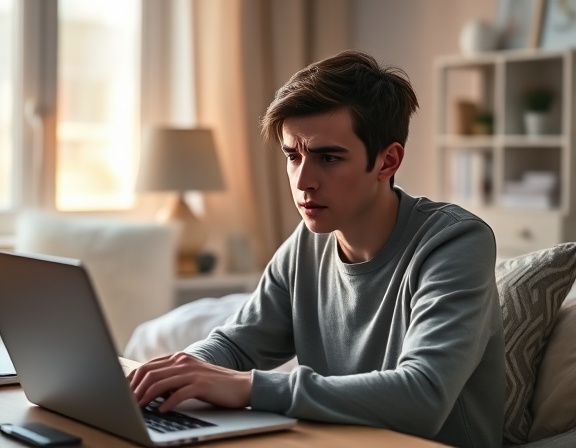 young telehealth patient, anxious, describing symptoms to a doctor, photorealistic, bedroom with a laptop on a desk, highly detailed, soft focus on patient, 8k resolution, warm colors, natural window light, shot with a 50mm lens.