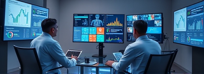 telehealth professional team, collaborative, analyzing patient data, photorealistic, conference room with multi-screen setup, highly detailed, data visualizations on screens, 5k resolution, vibrant colors, diffused lighting, shot with a zoom lens at 70mm.