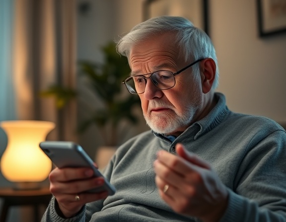 elderly telehealth patient, curious, exploring the use of a medical app, photorealistic, living room with ambient lighting, highly detailed, smartphone interface visible, full HD, soft color palette, lamp light, shot with a 85mm lens.