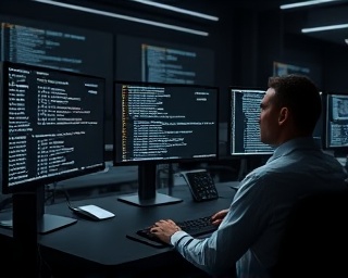 advanced digital platform, focused, coding a virtual application, photorealistic, surrounded by multi-monitor setups and coding lines, highly detailed, digital coding streams, 6K resolution, monochromatic tech tones, focused task lighting, shot with a Fujifilm XF 56mm f/1.2 R lens.