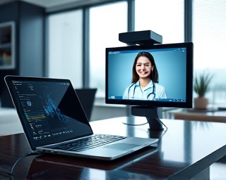 next-gen teleconsultation equipment, sleek and compact, connected to a laptop, photorealistic, in a tech-savvy office, highly detailed, augmented reality interface, enhanced resolution, matte black, cool lighting, shot with a 28mm wide-angle lens.