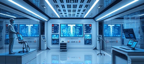 state-of-the-art telehealth technology, futuristic, enhancing medical diagnosis, photorealistic, high-tech laboratory with holographic displays, highly detailed, interactive elements with visual graphs, ultra HD definition, sleek silver tones, vibrant accent lighting, shot with a 70mm lens.