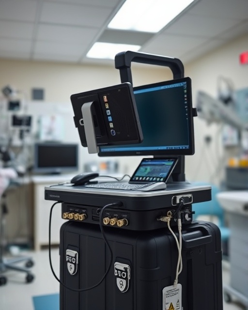 portable teleconsultation equipment, ergonomic design, ready for transport, photorealistic, in a cluttered hospital room, highly detailed, cables and connectors, macro focus, dark navy, fluorescent lighting, shot with a 100mm macro lens.