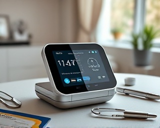 compact telehealth device, sleek design, measuring vitals, photorealistic, home environment with medical tools around, highly detailed, user instructions visible, ultra-high definition, neutral colors with silver accents, natural sunlight filtering through the window, shot with a 24mm lens.
