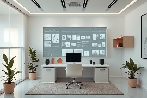 seamless virtual platform, relaxed, customizing interface settings, photorealistic, in a futuristic minimalist home office set, highly detailed, sleek UI elements, 4K resolution, muted pastel colors, gentle overhead lighting, shot with a Leica Summilux-M 28mm f/1.4 ASPH lens.