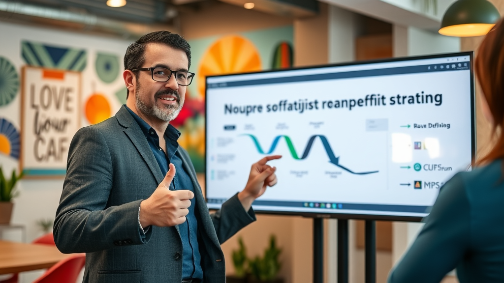 confident nonprofit strategist explaining strategic plan for nonprofit management, management skills, influential growth system for nonprofits