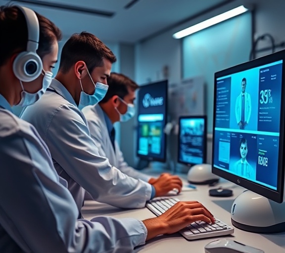innovative telehealth tools, groundbreaking, supporting healthcare providers, photorealistic, multifunctional workspace, highly detailed, simultaneous device operation, full HD perspective, color variations emphasizing features, ambient LED lighting, shot with an 85mm lens.