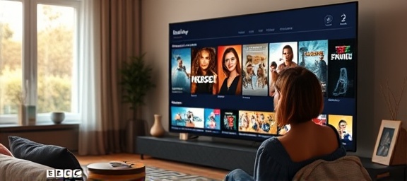 sleek platform subscription, inquisitive, selecting a show from an extensive catalog, photorealistic, in a cozy home setting with a large smart TV, highly detailed, animated thumbnails, 8K resolution, warm neutral colors, natural morning light filtering through, shot with a Nikon 24-70mm f/2.8E lens.