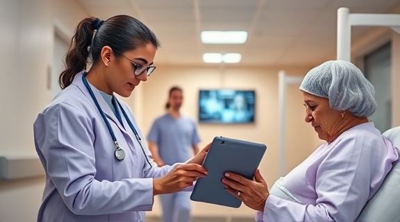 efficient telehealth service, focused nursing staff, assisting a virtual patient, photorealistic, hospital ward with connected tablets, highly detailed, interactive care protocol interfaces, vivid clarity, lavender and beige color palette, soft daylight, shot with a Sigma 35mm f/1.4 DG HSM Art lens.