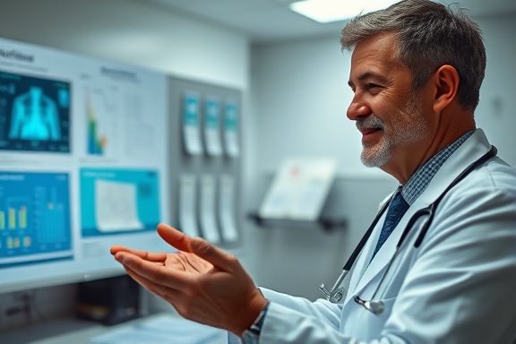 health consultations, reassuring expression, explaining medical information, photorealistic, doctor's office with medical charts and a stethoscope, highly detailed, patient data hologram, 8K resolution, warm colors, diffused overhead lighting, shot with a 50mm macro lens.
