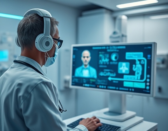 compact teleconsultation setup, futuristic interface, being used by a doctor, photorealistic, in a high-tech clinic, highly detailed, interactive screens, wide aperture, blue and white, ambient lighting, shot with an 85mm lens.