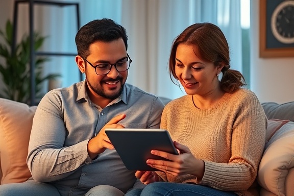 digital consultations, attentive expression, listening intently, photorealistic, cozy living room setting with a tablet, highly detailed, seamless digital interaction, ultra-high-resolution, pastel colors, soft evening light, shot with a 70-200mm telephoto lens.