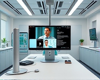innovative teleconsultation kit, user-friendly layout, showcased in use, photorealistic, in a clean and modern workspace, highly detailed, wireless connectivity features, crisp focus, silver and teal, overhead lighting, shot with a 70mm lens.