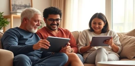 user-friendly telehealth apps, approachable, revolutionizing patient interaction, photorealistic, cozy living room with family using tablets, highly detailed, interface design elements, 4K quality, warm and inviting hues, natural window lighting, shot with a 35mm lens.