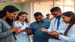 accessible telehealth apps, inclusive, fostering world-wide healthcare collaboration, photorealistic, diverse group in a tech lounge, highly detailed, real-time interaction on gadgets, ultra HD color grade, diverse skin tones, soft even lighting, shot with a 35mm lens.