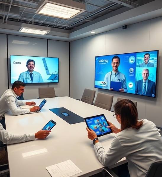 high-performance telehealth apps, interactive, providing seamless user experience, photorealistic, tech-focused meeting room, highly detailed, simultaneous app use on devices, 4K immersion, vibrant screen visuals, balanced fluorescent lighting, shot with a 35mm lens.