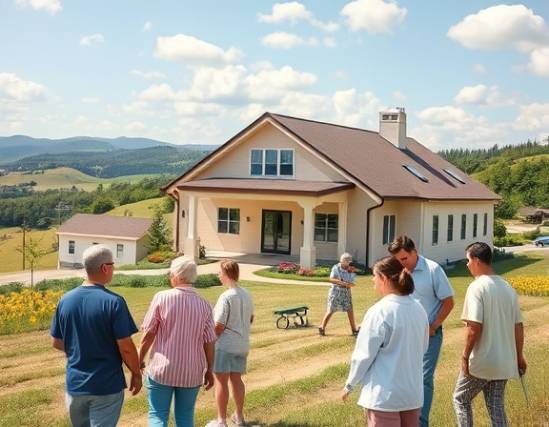 caring nonprofit care facility, compassionate, providing essential services, photorealistic, picturesque countryside with clear skies, highly detailed, staff and volunteers in action, pastel colors, soft lighting, shot with a 24-70mm lens.