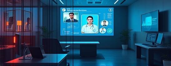 advanced telehealth technology, futuristic, streamlining patient consultations, photorealistic, modern urban office interior, highly detailed, smart devices and holograms, cool tones, ambient lighting, shot with a 35mm lens.