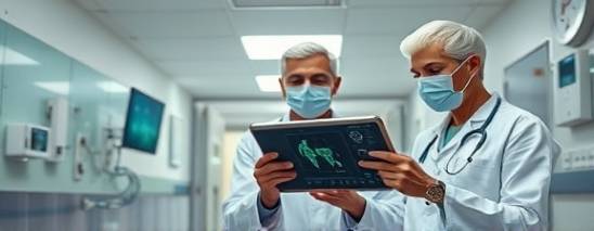 pioneering telehealth medicine, innovative, revolutionizing patient care, photorealistic, tech-savvy hospital setting, highly detailed, doctors using tablets and AR tools, crisp colors, fluorescent lighting, shot with a macro lens.