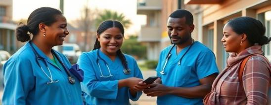 compassionate nonprofit healthcare workers, empathetic, supporting diverse communities, photorealistic, multi-ethnic urban neighborhood, highly detailed, vibrant interactions, warm earth tones, morning light, shot with an 85mm portrait lens.