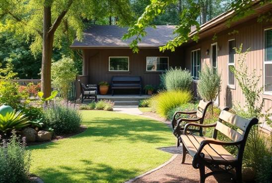 supportive nonprofit care center, nurturing, offering holistic services, photorealistic, serene garden setting with benches, highly detailed, community events and workshops, natural greens, soft shadowing, shot with a 70-200mm lens.