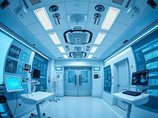 dynamic telehealth medicine practice, active, enabling remote diagnostics, photorealistic, digital clinic in a skyscraper, highly detailed, interactive medical equipment, sharp blues, LED illumination, shot with a fisheye lens.