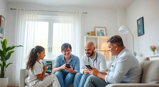 cutting-edge telehealth apps, innovative, streamlining healthcare access, photorealistic, bright and clean home setting with family interacting, highly detailed, dynamic UI elements, ultra HD clarity, white and blue scheme, natural daylight, shot with a 35mm lens.