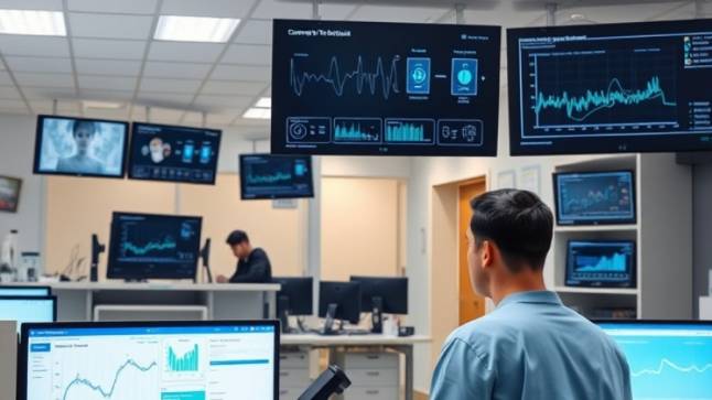 Integrated telehealth platform in a busy hospital office with detailed interfaces.