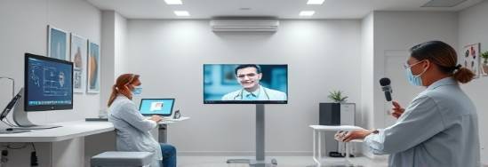 versatile telehealth tools, adaptive, facilitating doctor-patient communication, photorealistic, minimalist office space with medical personnel, highly detailed, devices in use during virtual consultations, 8K resolution, gray and soft pastel colors, sharp studio lighting, shot with a 50mm lens.