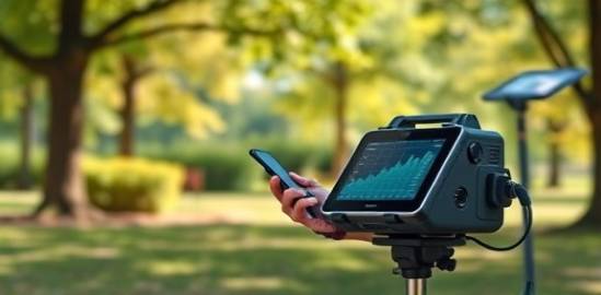 portable telehealth devices, efficient, enabling mobile healthcare, photorealistic, outdoors in a park setting, highly detailed, demonstrating real-time data collection, full HD resolution, earth tones and green foliage, soft natural sunlight, shot with a 50mm lens.